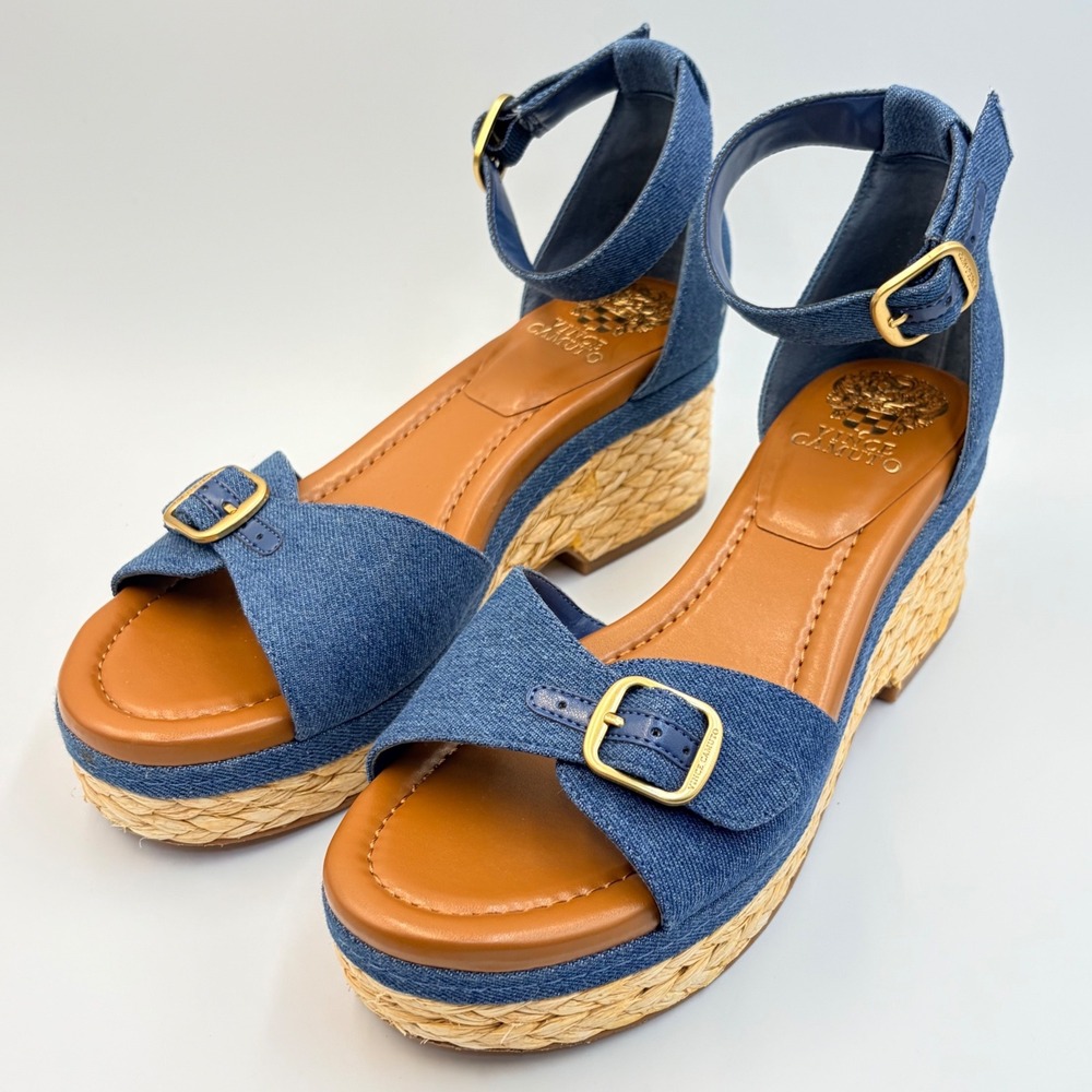 Vince Camuto Denim Blue Espadrille Wedge Sandals with Gold Buckles